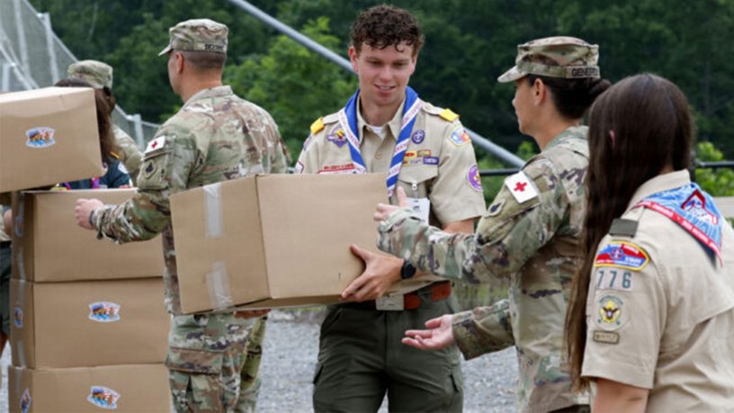 West Virginia and The Connecticut National Guard Soldiers lent a hand to load 2,500 UMCOR - United Methodist Committee On Relief hygiene kits assembled this week by Scouts and Jamboree volunteers in addition to the normal donation of almost 2,500 cleaning bucket kits.