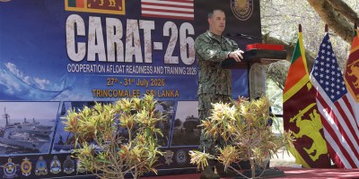 U.S. Navy Capt. Michael Messenger, deputy commander, Expeditionary Strike Group 7, gives opening remarks at the Cooperation Afloat Readiness and Training (CARAT) Sri Lanka 2026 opening ceremony in Trincomalee, Sri Lanka, July 27, 2026.