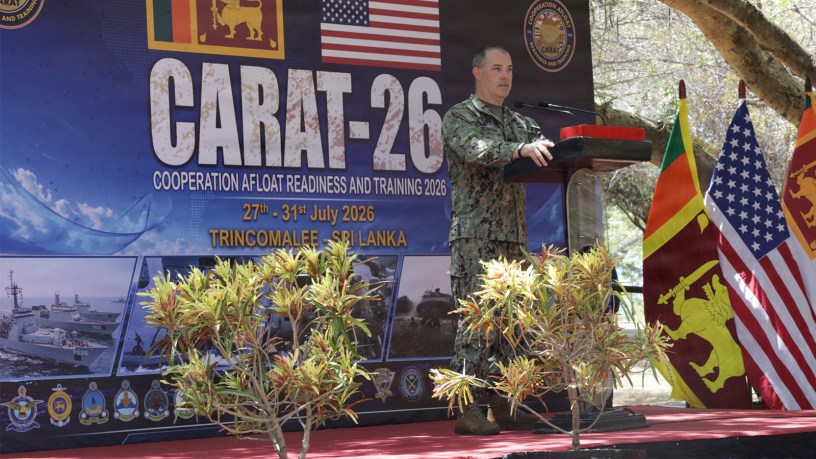 U.S. Navy Capt. Michael Messenger, deputy commander, Expeditionary Strike Group 7, gives opening remarks at the Cooperation Afloat Readiness and Training (CARAT) Sri Lanka 2026 opening ceremony in Trincomalee, Sri Lanka, July 27, 2026.
