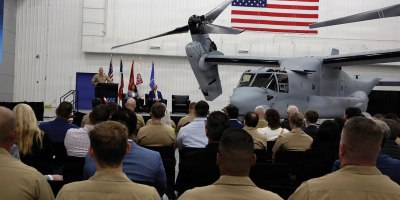 Lt. Gen. William Swan, Deputy Commandant for Aviation, delivers the keynote speech during the MV‑22B Osprey Program of Record ceremony at Bell Helicopter’s Amarillo, Texas, facility, July 28, 2026.