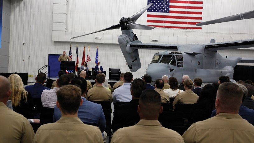 Lt. Gen. William Swan, Deputy Commandant for Aviation, delivers the keynote speech during the MV‑22B Osprey Program of Record ceremony at Bell Helicopter’s Amarillo, Texas, facility, July 28, 2026.