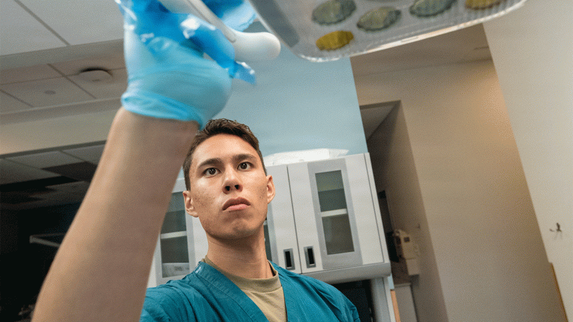 U.S. Army Reserve Soldier Spa. Bradley Rangel, a 68E Dental Specialist with the 491st Medical Company Area Support located in Santa Fe, N.M., a down trace unit of the 807th Theater Medical Command of Salt Lake City, prepares a dental examination light at the Logan Dental Clinic, part of the Alexander T. Augusta Military Medical Center, Fort Belvoir, Va., on Aug. 10, 2026.