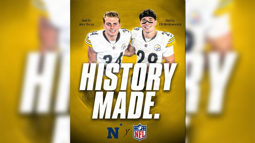 2nd Lts. Eli Heidenreich and Alex Tecza of the United States Marine Corps made Naval Academy football history Thursday night when they appeared for the Pittsburgh Steelers in a 28-27 preseason loss to the Buffalo Bills.