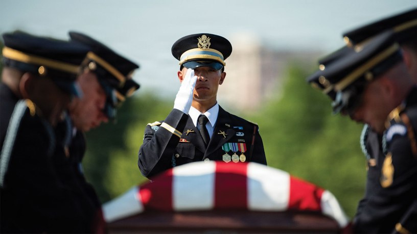 Soldiers from the 3d U.S. Infantry Regiment (The Old Guard), the U.S. Army Band, “Pershing’s Own” and the U.S. Army’s 3d U.S. Infantry Regiment (The Old Guard) Caisson Detachment conduct full military funeral honors with escort for U.S. Army Sgt. DeLoren Dage in Section 57 of Arlington National Cemetery, Arlington, Virginia, July 14, 2026.