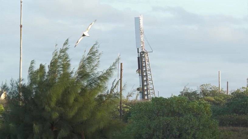 A sounding rocket towers over a launch site on Wake Island in the Pacific Ocean ahead of the Feb. 12 Space Measurement of a Rocket-released Turbulence (SMART) mission, which the Naval Research Laboratory managed.