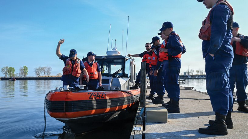 U.S. Coast Guard active-duty members assigned to various stations across the Great Lakes District conduct anchor training on the Response Boat-Small during a Boat Crew College class held at the Coast Guard Training Logistics Center in Lorain, Ohio, April 23, 2026.