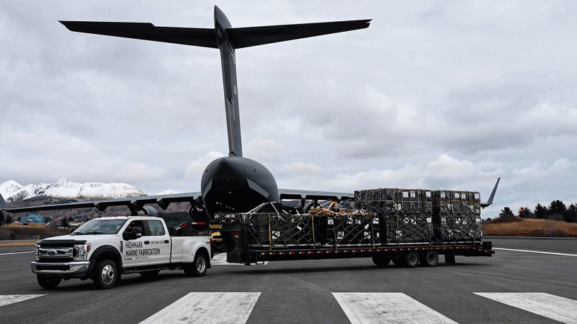 A truck transports medical equipment unloaded from a U.S. Air Force C-17 Globemaster III aircraft in support of Kodiak Arctic Care 2026, May 9, 2026, Kodiak Air Station, Alaska. Kodiak Arctic Care 2026, a Depart of War sponsored Innovative Readiness Training program, in partnership with the Kodiak Area Native Association, provides no cost medical, dental and vision services to residents of Kodiak, Alaska and its remote villages while providing training for Reserve and Guard members. (U.S. Air Force photo by 1st Lt. Heather Cozad Staley)