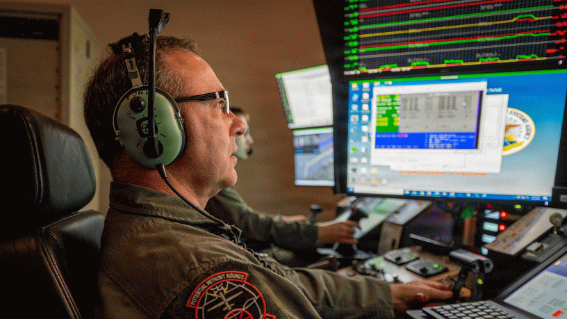 U.S. Air Force Master Sgt. Charles Skinner, a MQ-9 sensor operator assigned to the 108th Attack Squadron, 174th Attack Wing, operates an MQ-9 Reaper remotely piloted aircraft from Hancock Field Air National Guard Base in Syracuse, New York, July 9, 2026,