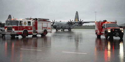 U.S. Air National Guard airmen with the 103d Airlift Wing respond to a simulated aircraft mishap with a C-130 Hercules aircraft on the flight line during a Major Accident Response Exercise (MARE) at Bradley Air National Guard Base, East Granby, Conn., on July 30, 2026.