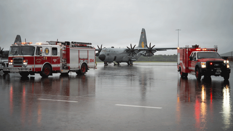 U.S. Air National Guard airmen with the 103d Airlift Wing respond to a simulated aircraft mishap with a C-130 Hercules aircraft on the flight line during a Major Accident Response Exercise (MARE) at Bradley Air National Guard Base, East Granby, Conn., on July 30, 2026.