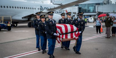 Soldiers from the Connecticut Army National Guard's funeral honors conduct a dignified transfer of U.S. Army Air Corps Pfc. Bernard Sweet's remains at Bradley International Airport, Windsor Locks, Conn. July 30, 2026.