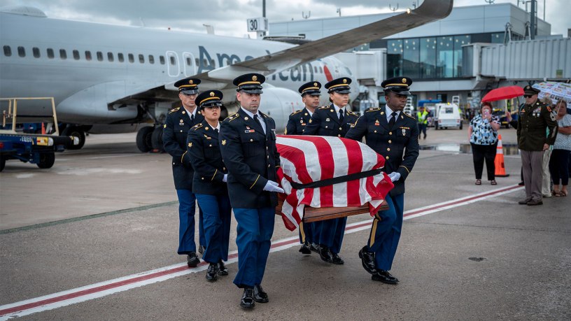 Soldiers from the Connecticut Army National Guard's funeral honors conduct a dignified transfer of U.S. Army Air Corps Pfc. Bernard Sweet's remains at Bradley International Airport, Windsor Locks, Conn. July 30, 2026.
