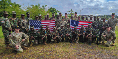 U.S. Army drill sergeant trainers pose for a photo with soldiers of the Armed Forces of Liberia they are training to be drill sergeants at Camp Sande Ware in Careysburg, Liberia, June 15, 2026.
