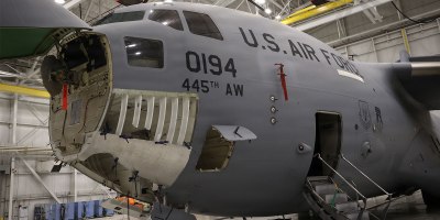 Fits like a glove! The newly formed nose panel undergoes an initial fit check on the C-17 on April 20, 2026 at Wright-Patterson AFB in Dayton, Ohio. (U.S. Air Force photo by Casey Tromp)