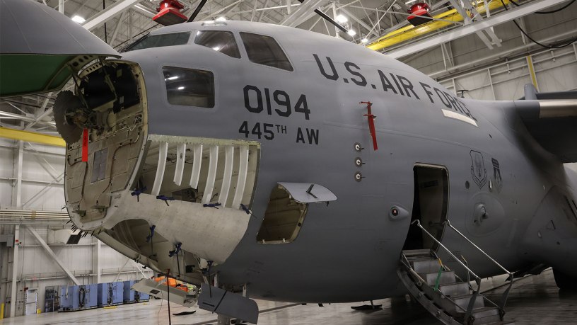 Fits like a glove! The newly formed nose panel undergoes an initial fit check on the C-17 on April 20, 2026 at Wright-Patterson AFB in Dayton, Ohio. (U.S. Air Force photo by Casey Tromp)