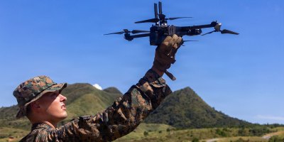 U.S. Marine Corps Cpl. Jacob, Milstead, an Intelligence Specialist with 3rd Battalion, 7th Marine Regiment, forward deployed under 4th Marine Regiment, 3rd Marine Division as part of the Unit Deployment Program, prepares a Skydio X2D for lift off during a live-fire smart shooter range on Camp Hansen, Okinawa, Japan, July 31, 2026.