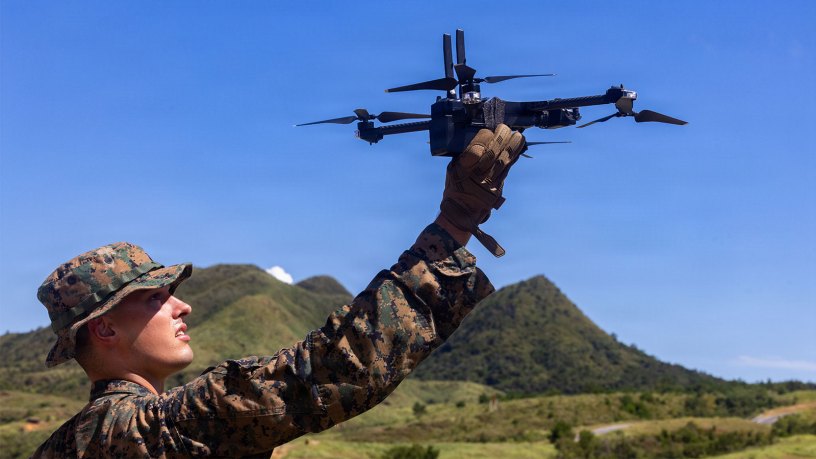 U.S. Marine Corps Cpl. Jacob, Milstead, an Intelligence Specialist with 3rd Battalion, 7th Marine Regiment, forward deployed under 4th Marine Regiment, 3rd Marine Division as part of the Unit Deployment Program, prepares a Skydio X2D for lift off during a live-fire smart shooter range on Camp Hansen, Okinawa, Japan, July 31, 2026.