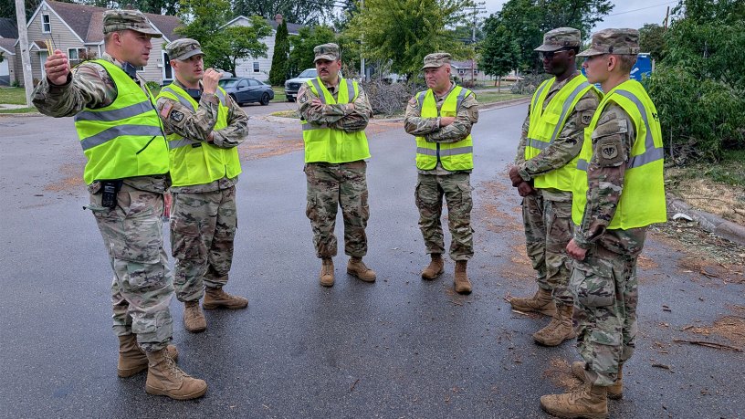 U.S. Soldiers assigned to the Wisconsin Army National Guard’s Task Force Sturgeon discuss ongoing traffic management operations in Menasha, Wisconsin, July 31, 2026.