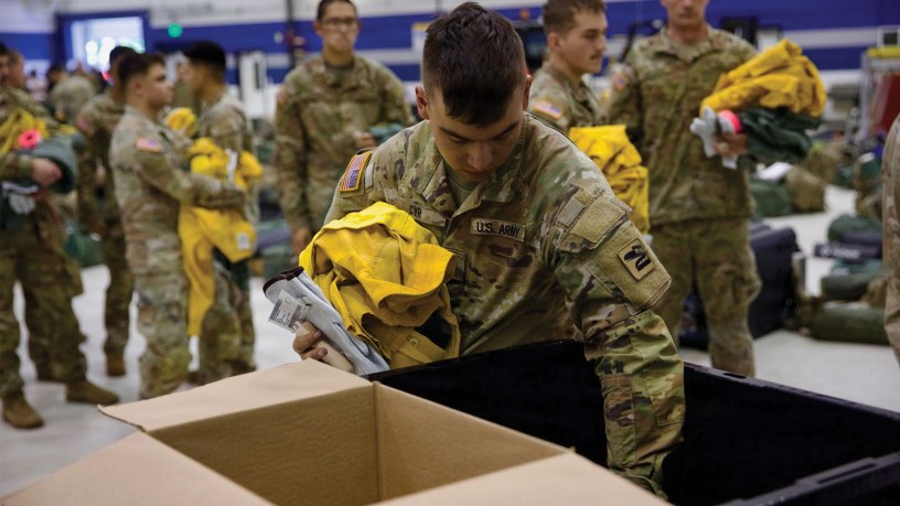 100 Washington National Guard soldiers and airmen receive their equipment from Washington Department of Natural Resources prior to mobilization to the Little Giant Fire, August 1, 2026 at the Army Aviation Sustainment Facility #2, Pangborn Field, East Wenatchee, Wash. (U.S. Army Photo by SFC Nicolas Cloward)