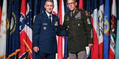 Air Force Gen. Steve Nordhaus, chief, National Guard Bureau, and Senior Enlisted Advisor John Raines, SEA to the CNGB, address the 55th annual conference of the Enlisted Association National Guard of the United States, Daytona Beach, Florida, August 2, 2026. (U.S. Army National Guard photo by Master Sgt. Zach Sheely)