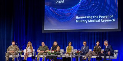 Panelists on the “Multidrug Resistant Organisms & Cellular Therapy for battlefield Trauma” session discuss issues of drug-resistant viruses at the 2026 Military Health System Research Symposium in Kissimmee, Florida, Aug. 3.