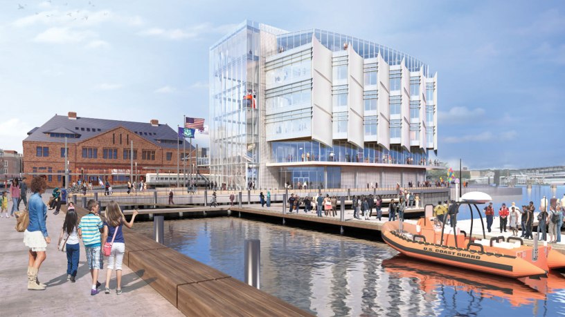 A rendering shows the future National Coast Guard Museum along the Thames River waterfront in New London, Connecticut. The 80,000-square-foot museum, scheduled to open to the public during the week of Aug. 2, 2027, will be the nation’s first national museum dedicated to preserving and sharing the history, heritage and enduring missions of the U.S. Coast Guard. (U.S. Coast Guard rendering)