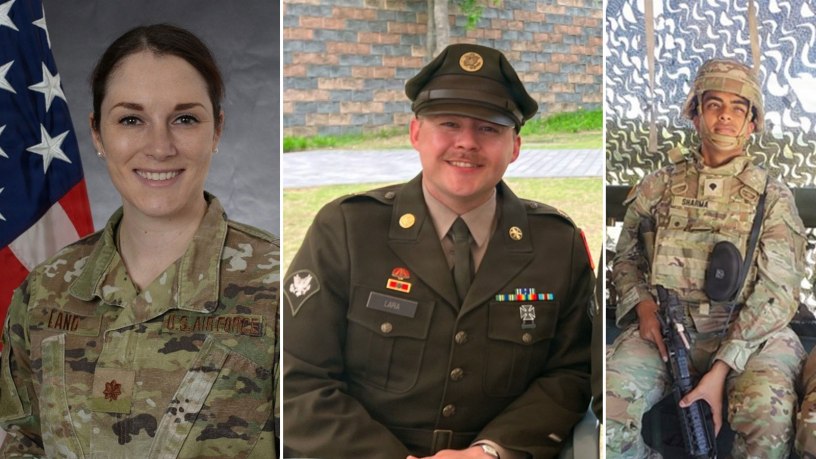U.S. Air Force Maj. Tessa Land, U.S. Army Spc. Arturo Lara, and Spc. Karan Sharma.