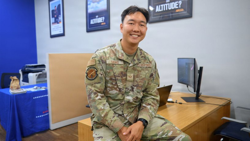 U.S. Air Force Senior Airman Ryan Sasaki, 201st Intelligence Squadron, cryptologic analyst and reporter, poses for a photo after being recently recognized as one of Hawaii Air National Guard’s 2026 Outstanding Airman of the 1st Quarter Award recipients in Kapolei, Hawaii, August 5, 2026.