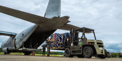 A U.S. Marine Corps KC-130 Hercules, assigned to Marine Corps Air Station Iwakuni, Japan, unloads relief supplies to Kumamoto, Japan, Aug. 9, 2026. On July 28, 2026, a 7.1 magnitude earthquake struck the Kumamoto region, displacing many communities from homes and necessities.