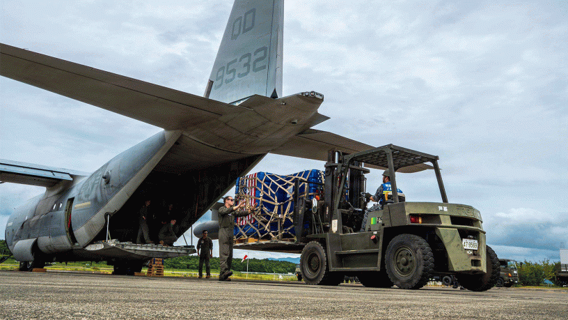 A U.S. Marine Corps KC-130 Hercules, assigned to Marine Corps Air Station Iwakuni, Japan, unloads relief supplies to Kumamoto, Japan, Aug. 9, 2026. On July 28, 2026, a 7.1 magnitude earthquake struck the Kumamoto region, displacing many communities from homes and necessities.