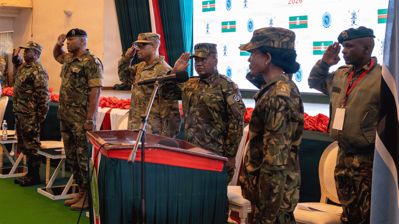 Members of the North Carolina National Guard and Botswana Defense Force render salutes during the playing of the U.S. and Botswana national anthems during an opening ceremony for Exercise Southern Accord 2026 at Gaborone Technical College in Gaborone, Botswana, August 10, 2026.