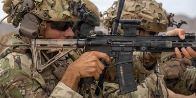French Marines fire their rifles during a company supported bilateral defense against dismounted enemy forces as part of Marine Air-Ground Task Force Distributed Maneuver Exercise on Training Area Delta during Service Level Training Exercise 4-26 on Marine Corps Air Ground Combat Center, Twentynine Palms, California, Aug. 11, 2026.