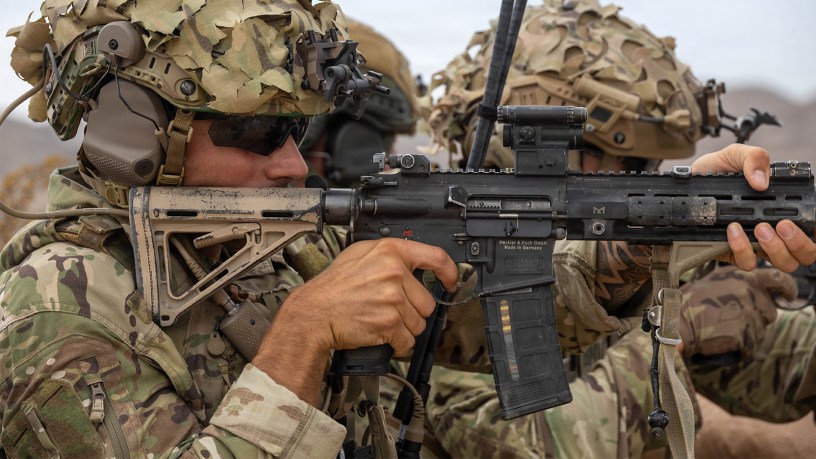 French Marines fire their rifles during a company supported bilateral defense against dismounted enemy forces as part of Marine Air-Ground Task Force Distributed Maneuver Exercise on Training Area Delta during Service Level Training Exercise 4-26 on Marine Corps Air Ground Combat Center, Twentynine Palms, California, Aug. 11, 2026.