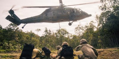 U.S. Army Soldiers with the 547th Medical Company Area Support, 62nd Medical Brigade from Joint Base Lewis-McChord, Washington, and members of the Royal Brunei Land Force and Air Force conduct medical evacuation training during Exercise Pahlawan Warrior 26 at Tutong Camp near Bandar Seri Begawan, Brunei, Aug. 13, 2026.