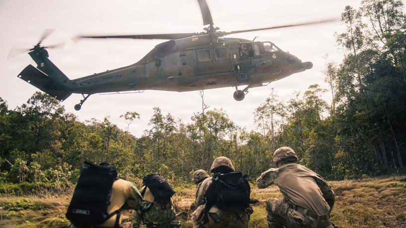 U.S. Army Soldiers with the 547th Medical Company Area Support, 62nd Medical Brigade from Joint Base Lewis-McChord, Washington, and members of the Royal Brunei Land Force and Air Force conduct medical evacuation training during Exercise Pahlawan Warrior 26 at Tutong Camp near Bandar Seri Begawan, Brunei, Aug. 13, 2026.