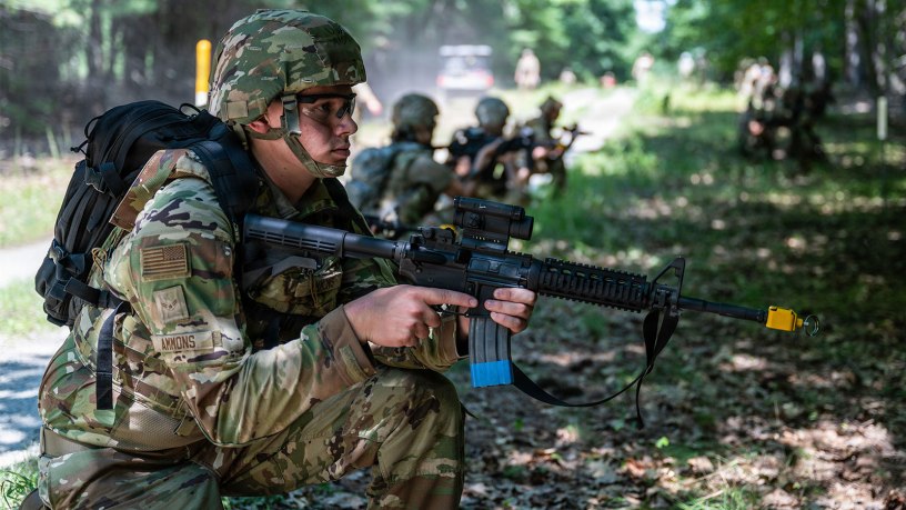 U.S. Air National Guard civil engineers establish a defensive perimeter as part of dismounted operations training during Patriot Forge II at Fort Devens, Massachusetts, Aug. 12, 2026. The training event was designed to support Agile Combat Employment tactics and increase resiliency, survivability and superior combat power. (U.S. Air National Guard photo by Senior Airman Gadiel Concepcion Adorno)
