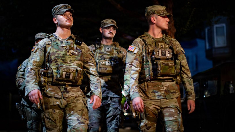 U.S. National Guardsmen assigned to Joint Task Force-District of Columbia (JTF-DC) in support of the DC Safe and Beautiful mission, patrol near LeDroit Park in Washington, Aug 15, 2026.