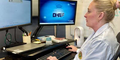 Defense Health Agency Physician Assistant Mikaela Altis logs into the Ambient Listening program to review a patient record at Munson Army Health Center, Fort Leavenworth, Kansas, Aug. 14, 2026.