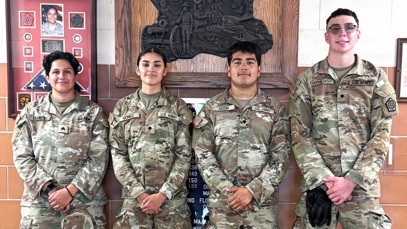 From left, Sgt. Summer Flores, Spc. Melissa Gomez, Spc. Joel Ocon, and Spc. Simon Rupniewski assisted a man involved in a serious motorcycle accident on Aug. 10 when the Illinois Army National Guard’s North Riverside-based 708th Medical Company (Ground Ambulance) was training as part of Northern Strike on Camp Grayling Joint Maneuver Training Center in Michigan. (Courtesy photo.)