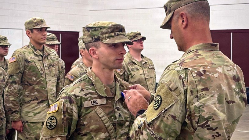 U.S. Army Brig. Gen. Trenton J. Gibson, Adjutant General of the Montana National Guard, presents the Soldier’s Medal to U.S. Army Sgt. Adam M. Lee during a ceremony at the Belgrade Armory in Belgrade, Montana, Aug. 16, 2026.