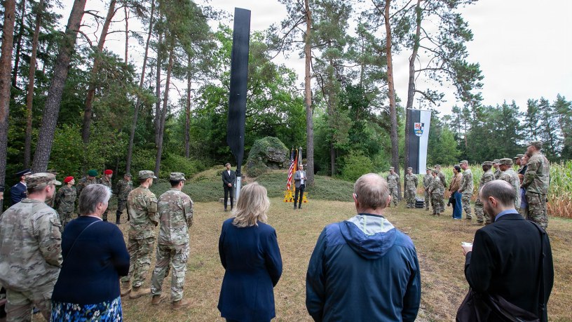 U.S. Soldiers stationed in Grafenwoehr, Hohenfels and Ansbach, along with the local community, attend a memorial service honoring service members from 2nd Battalion, 4th Infantry Division, and 4th Aviation Company, 15th Aviation Group, who were casualties in a 1971 Chinook CH-47 crash in Pegnitz, Germany, Aug. 18, 2026.