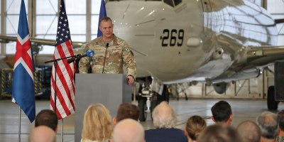 U.S. Air Force Gen. Alexus G. Grynkewich, NATO Supreme Allied Commander Europe, commander of U.S European Command, delivers remarks during the opening ceremony of exercise Northern Viking 26 (NV26) at Keflavik Air Base, Iceland, Aug. 18, 2026.