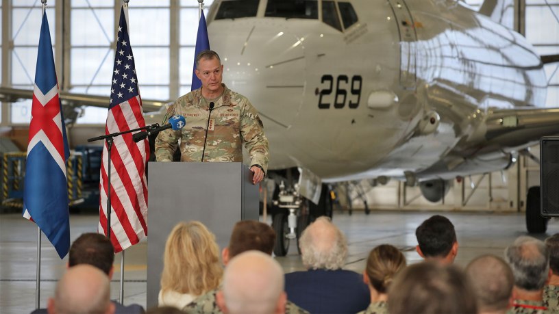 U.S. Air Force Gen. Alexus G. Grynkewich, NATO Supreme Allied Commander Europe, commander of U.S European Command, delivers remarks during the opening ceremony of exercise Northern Viking 26 (NV26) at Keflavik Air Base, Iceland, Aug. 18, 2026.