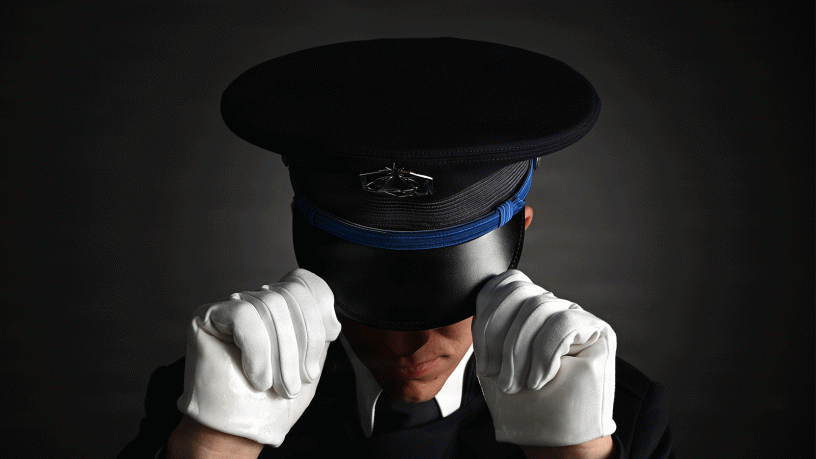 U.S. Space Force Spc. 3 Dylan Lee, ceremonial guardsman with the U.S. Space Force Honor Guard, dons the new Honor Guard ceremonial cap at Joint Base Anacostia-Bolling, Washington, D.C., Aug. 21, 2026.