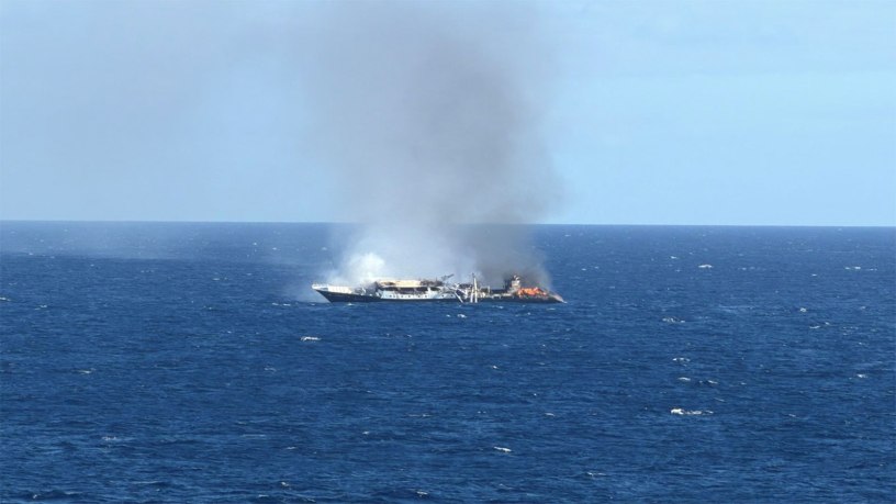 The Coast Guard coordinated the rescue of 27 crew members from the Ecuadorian-flagged fishing vessel Drennec after the vessel experienced a fire approximately 527 miles southwest of the Galapagos Islands, Thursday.