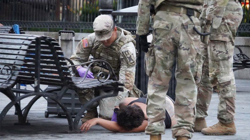 Louisiana National Guard Soldiers assigned to Task Force NOLA respond to a possible medical emergency in the French Quarter in New Orleans, Aug. 23, 2026.