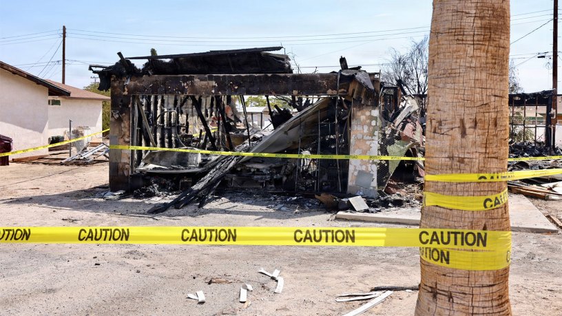 A home in Twentynine Palms, California, shows extensive damage Aug. 24, 2026, following an explosion and fire Aug. 21. Navy hospital corpsmen and Marines responded to the incident, helping rescue two injured residents, evacuate neighboring homes and provide medical assistance until civilian emergency responders arrived. Photo by Christopher Jones