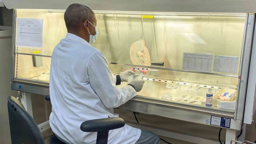 A lab technician processes collected cells at Walter Reed National Military Medical Center’s hematology-oncology stem cell lab, Bethesda, Md. Aug. 24, 2026.
