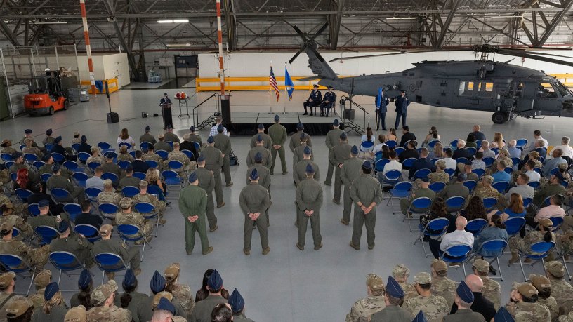 Airmen assigned to the 1st Helicopter Squadron stand in formation during the 5th Helicopter Squadron activation ceremony at Joint Base Andrews, Md., Aug. 27, 2026. Airmen in the formation were re-patched to signify the activation of the 5 HS that now stands alongside the 1 HS. (U.S. Air Force photo by Airman 1st Class Mauricio Hidalgo)