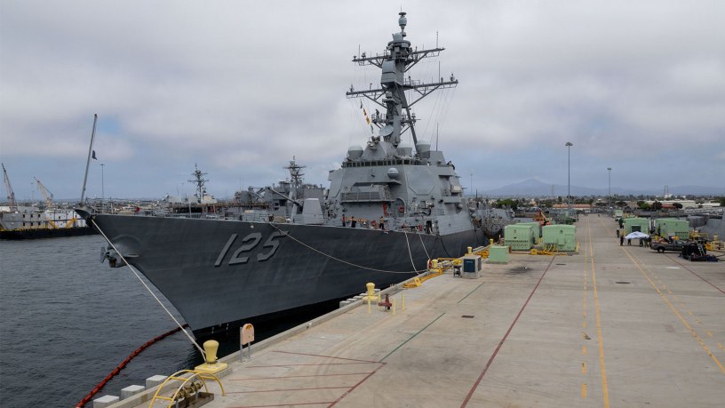 Arleigh Burke-class destroyer USS Jack H. Lucas (DDG 125), moored at Naval Base San Diego (NBSD), Aug. 28, 2026.